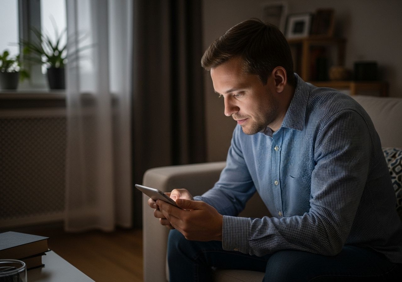 Мужчина сидит с телефоном
